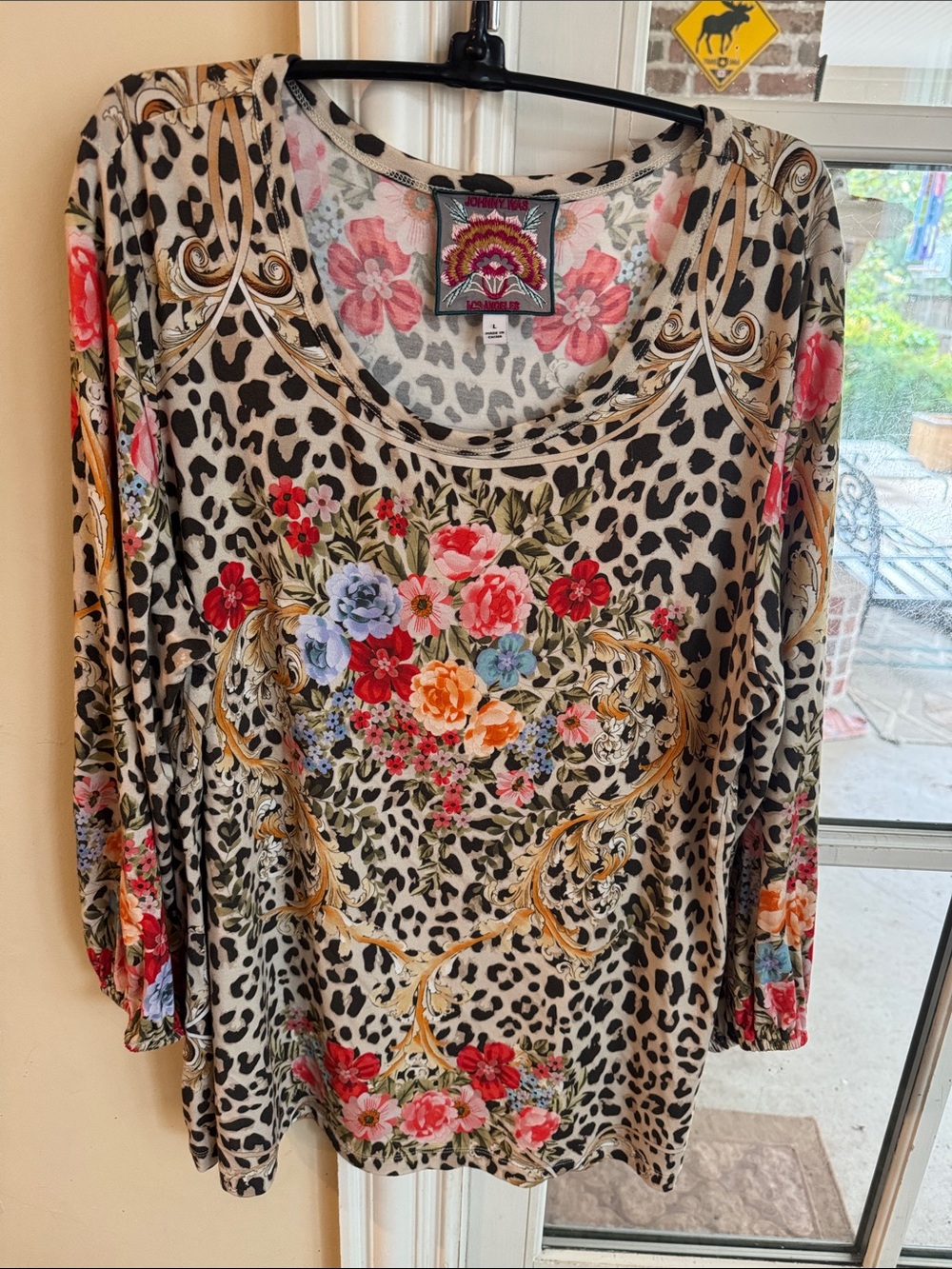 Johnny Was Cream Leopard Print Long Sleeve Top with Multicolor Floral Motif-L